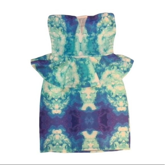 fab'rik Dresses & Skirts - FABRIK Blue Green Purple Water Tie Dye  Unique Strapless SEXY Peplum Dress-Small